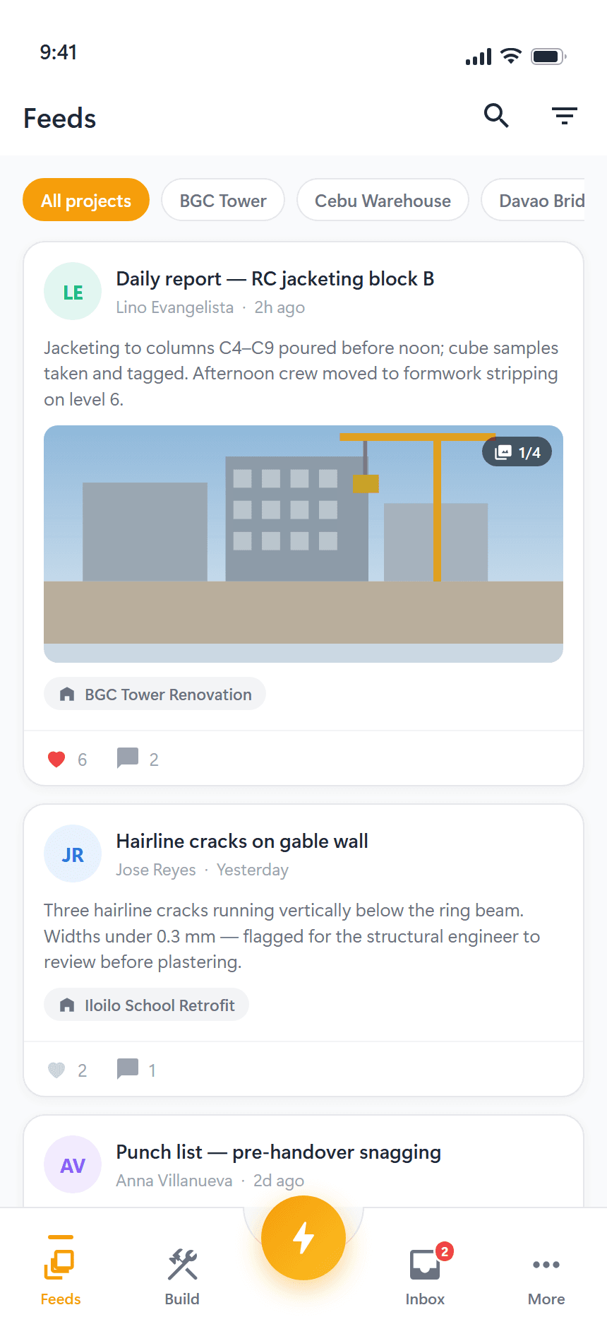 The Avanta Build feed: every field report across every project, newest first
